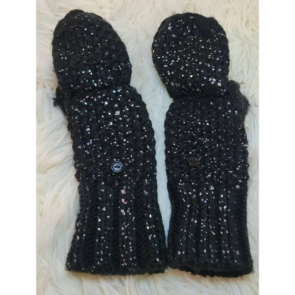 Old Navy Black Glitter Button Back Open Finger Mittens Acrylic Knit Child S-M Yo